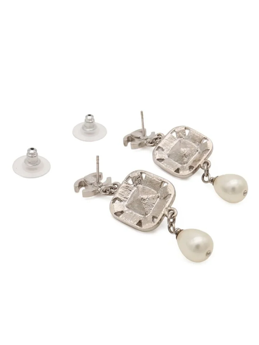 Chanel CC Logo Bijou Pearl Earrings Swing Metal Faux Silver White